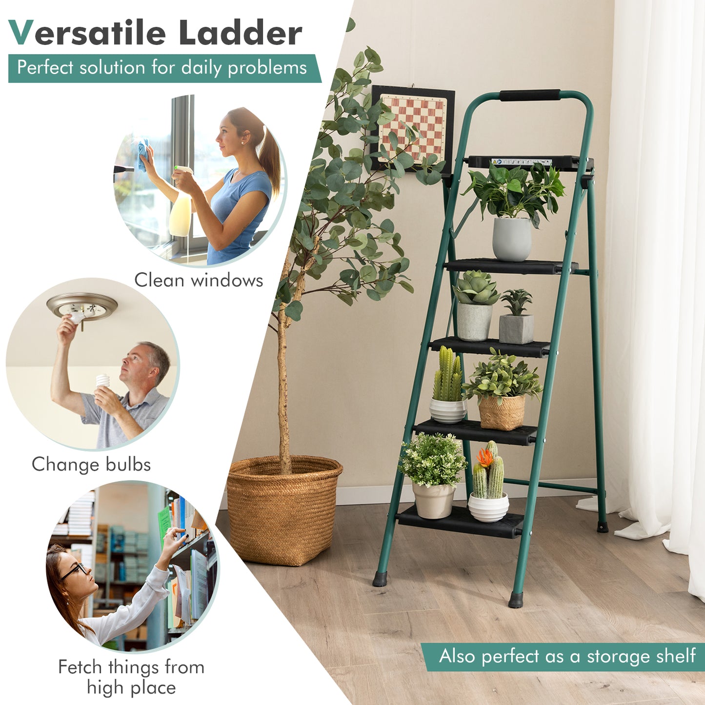 Folding 4-Step Ladder with Tool Tray Non-Slip Footpads and Pedals