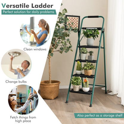 Folding 4-Step Ladder with Tool Tray Non-Slip Footpads and Pedals