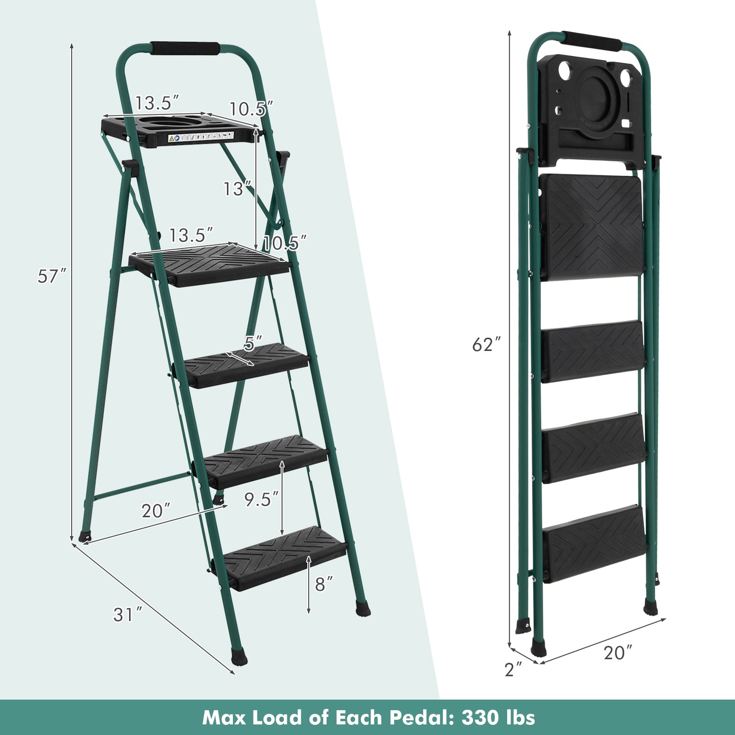 Folding 4-Step Ladder with Tool Tray Non-Slip Footpads and Pedals