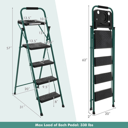 Folding 4-Step Ladder with Tool Tray Non-Slip Footpads and Pedals