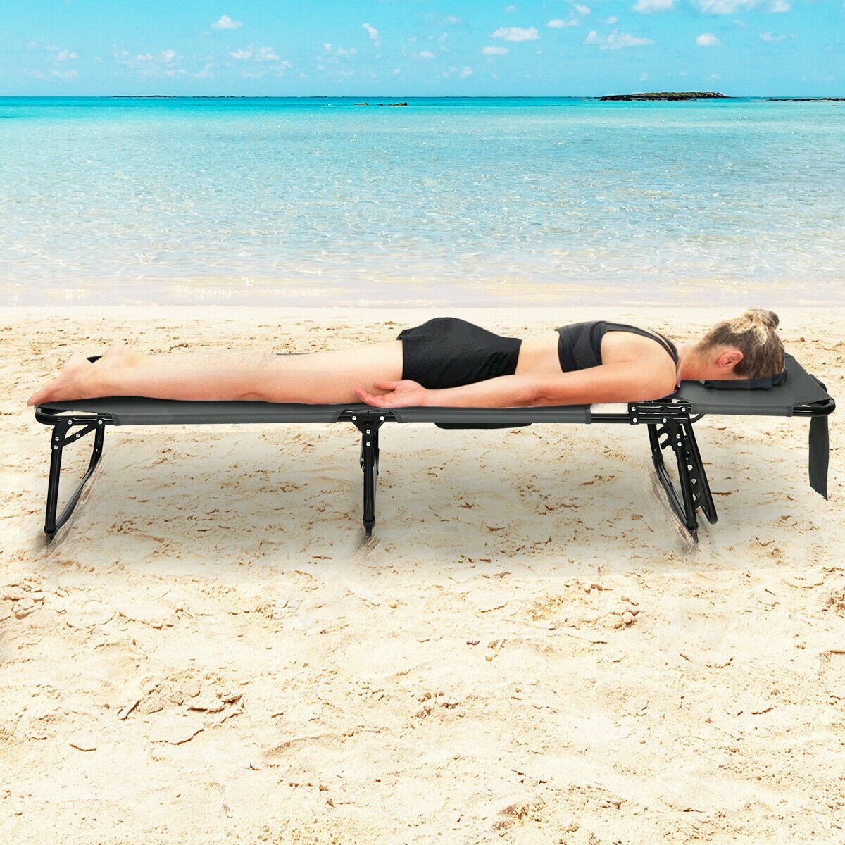 Folding Beach Lounge Chair with Pillow for Outdoor-Beige