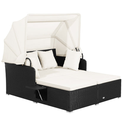 Patio Rattan Daybed with Retractable Canopy and Side Tables-Beige