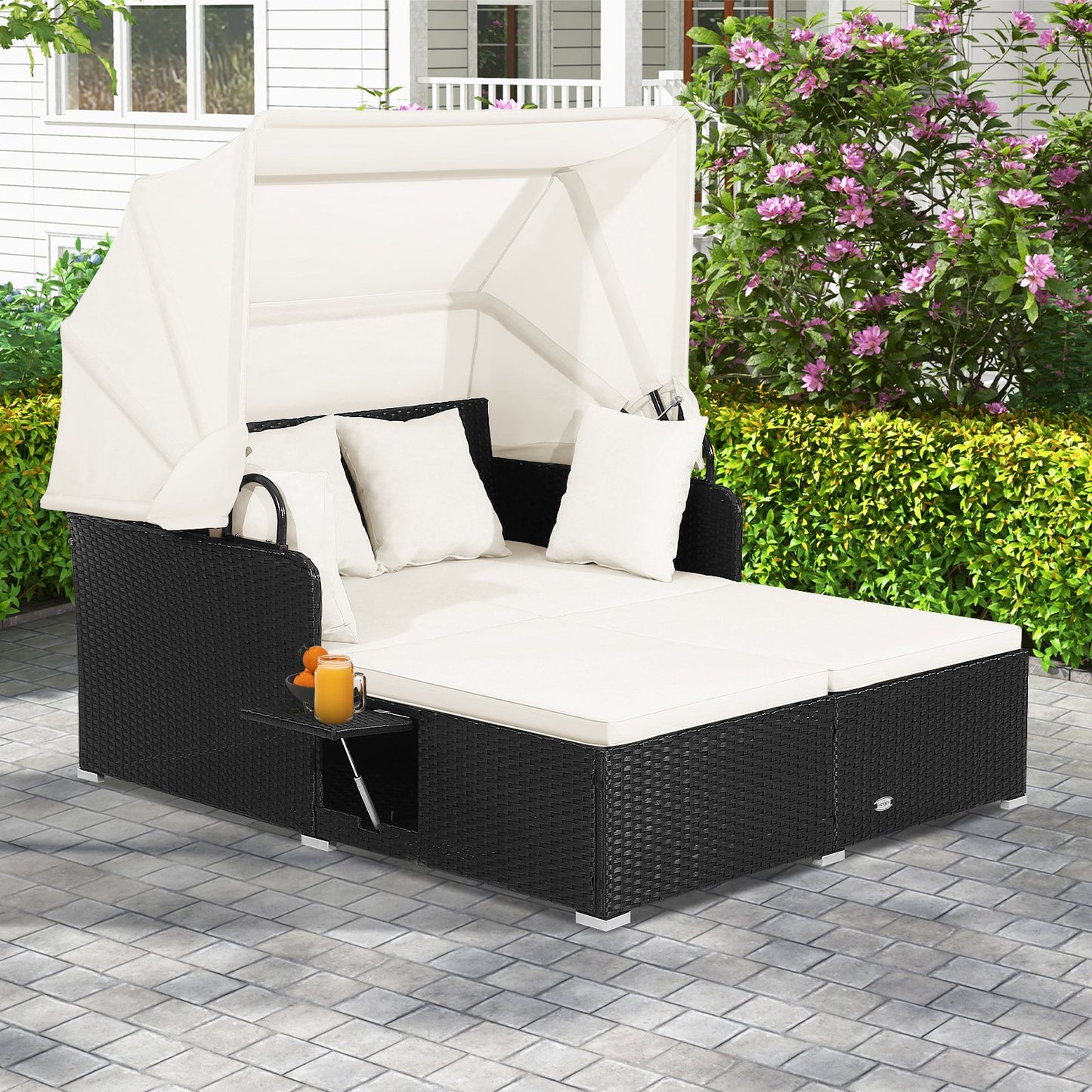 Patio Rattan Daybed with Retractable Canopy and Side Tables-Beige