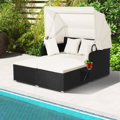 Patio Rattan Daybed with Retractable Canopy and Side Tables-Beige