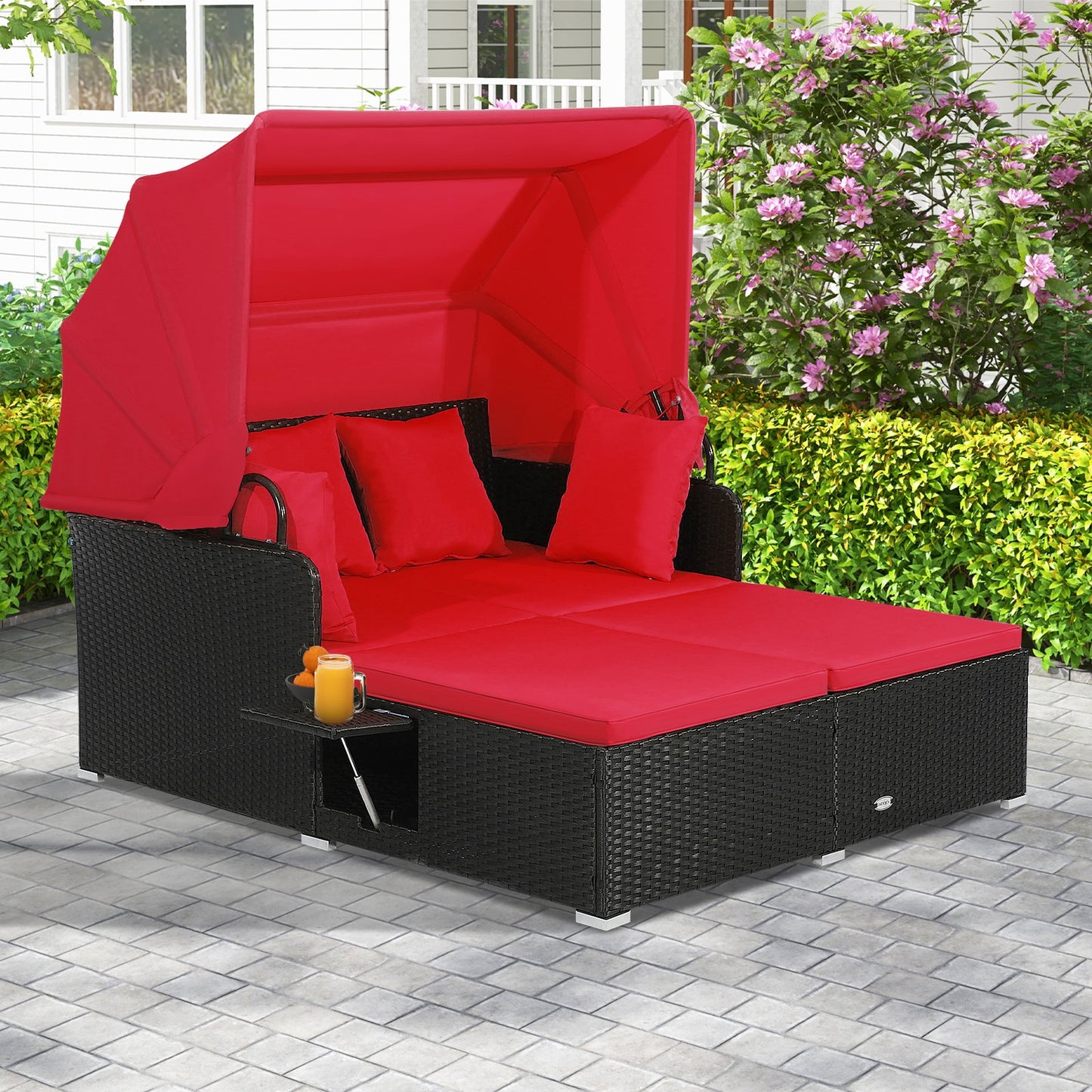 Patio Rattan Daybed with Retractable Canopy and Side Tables-Beige