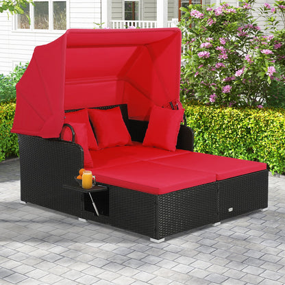 Patio Rattan Daybed with Retractable Canopy and Side Tables-Beige