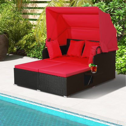 Patio Rattan Daybed with Retractable Canopy and Side Tables-Beige