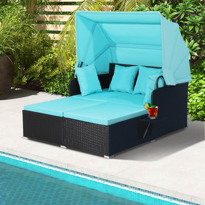 Patio Rattan Daybed with Retractable Canopy and Side Tables-Beige