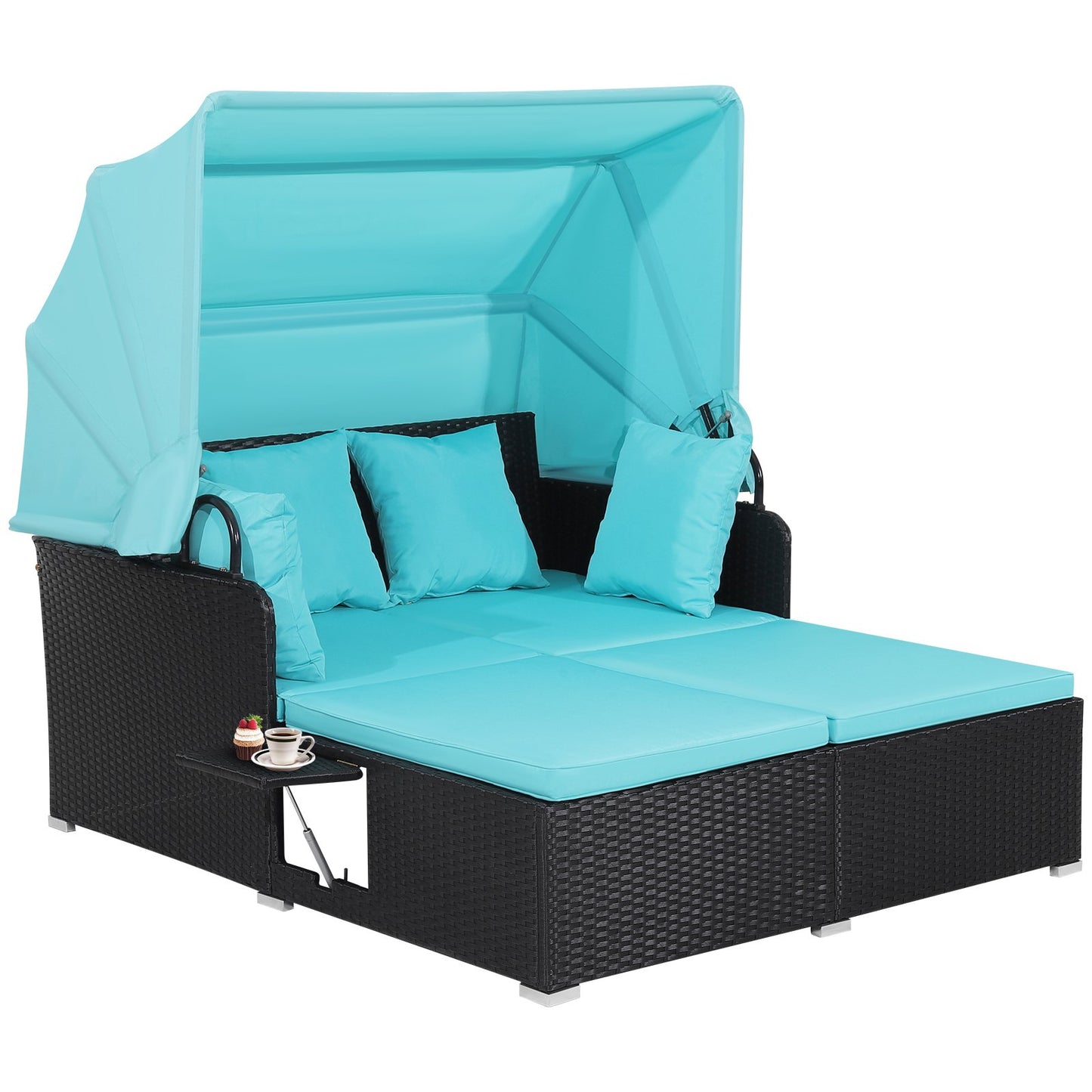 Patio Rattan Daybed with Retractable Canopy and Side Tables-Beige