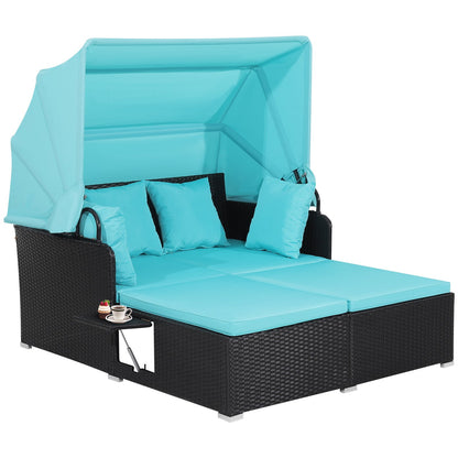 Patio Rattan Daybed with Retractable Canopy and Side Tables-Beige