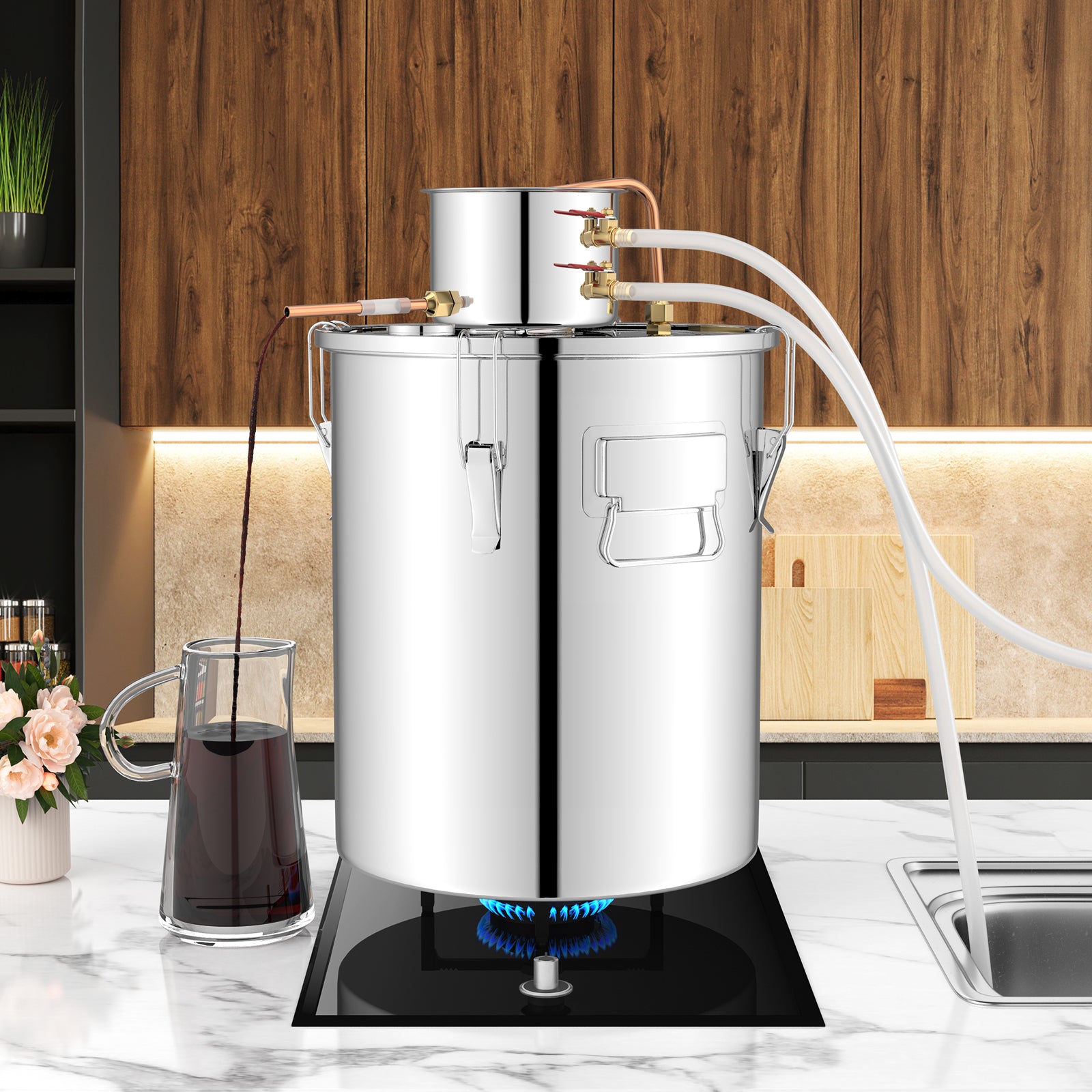 10 Gal water and alcohol distiller by Wilsons Home Store with two stainless steel pots for home brewing and distillation.