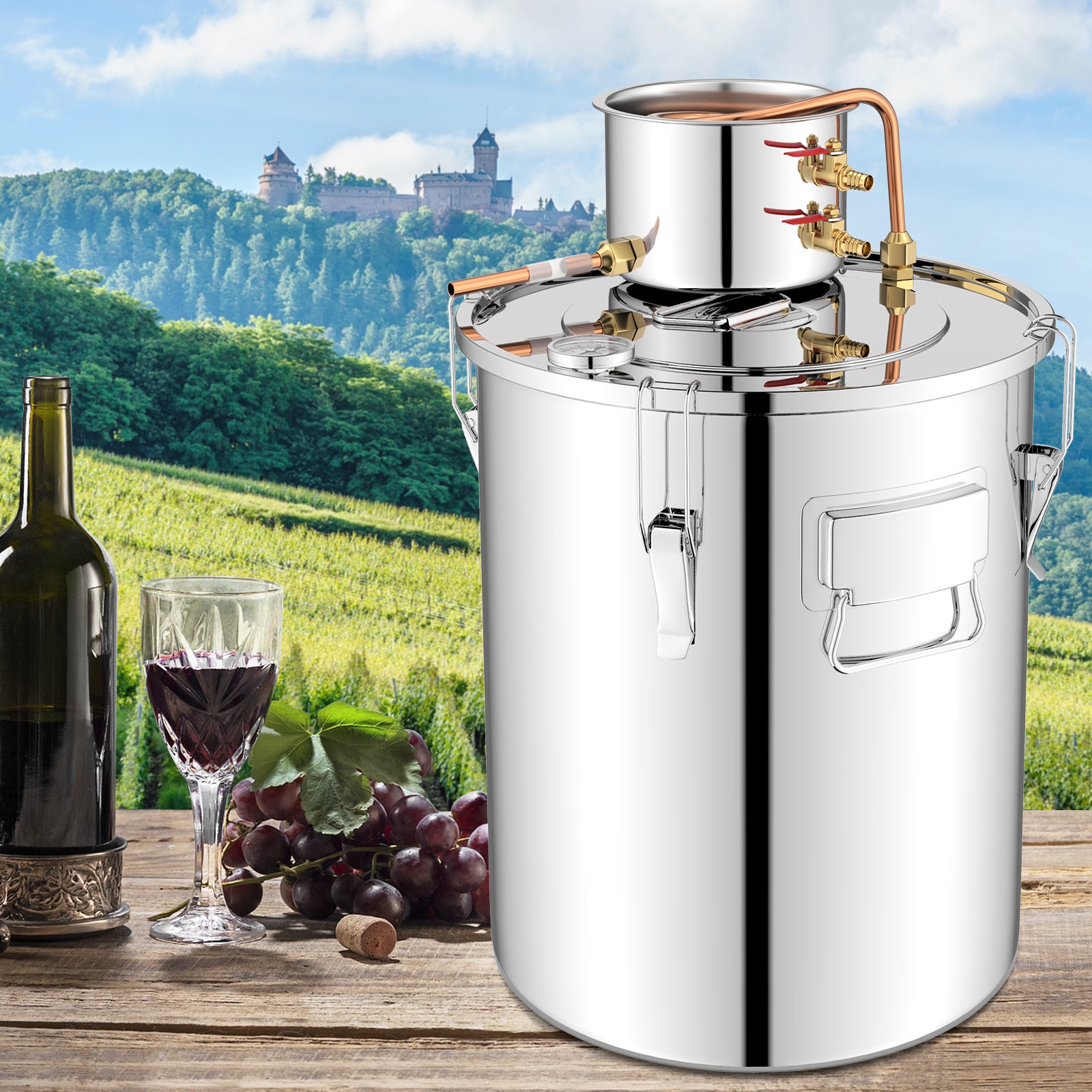 10-gallon water and alcohol distiller with two stainless steel pots, ideal for home brewing and distillation processes.