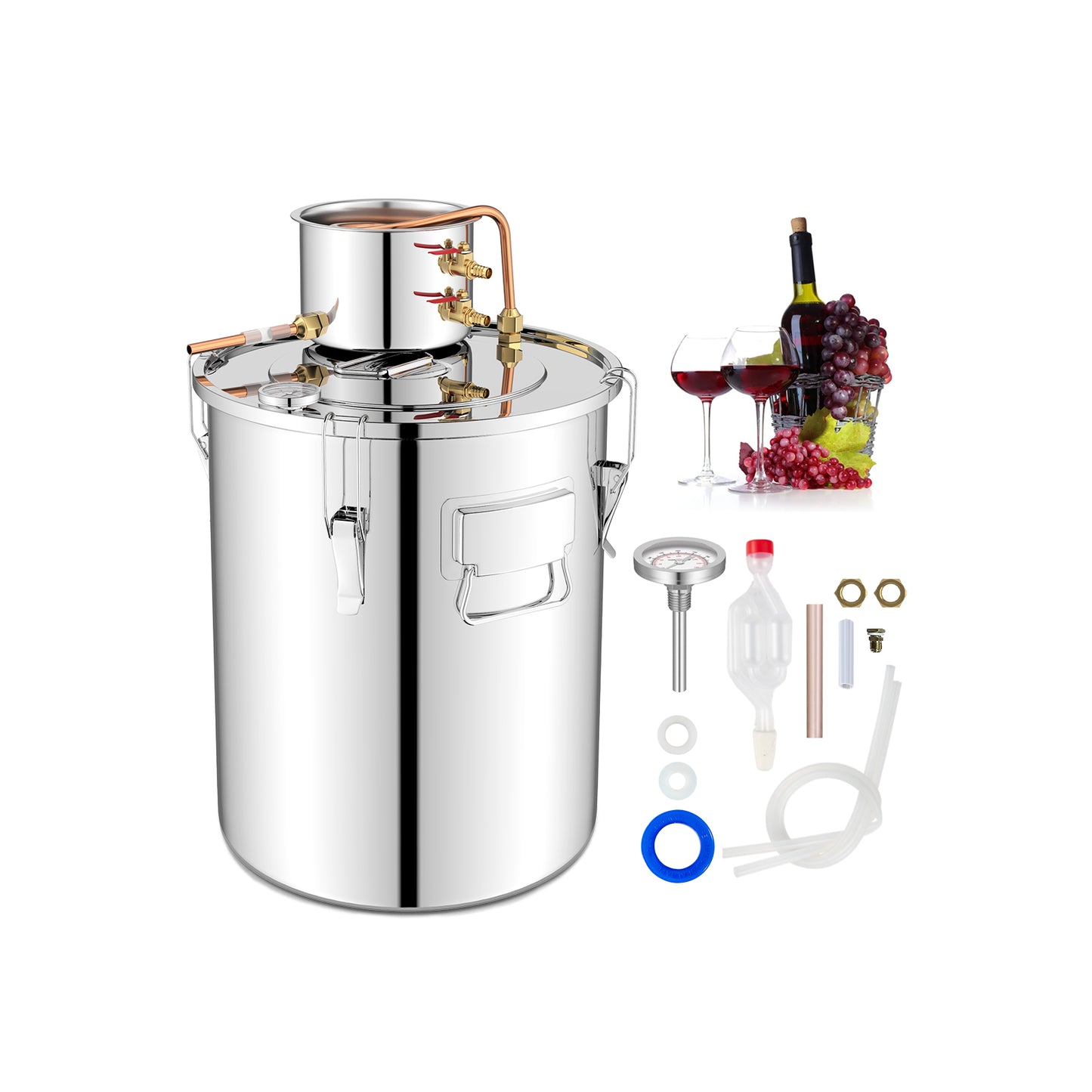 10-gallon water and alcohol distiller with two stainless steel pots for home brewing and distillation processes.