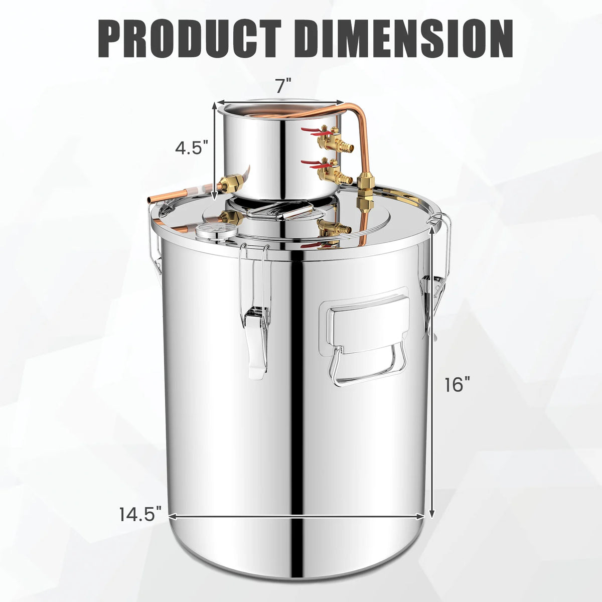 10-gallon water and alcohol distiller with two stainless steel pots, ideal for home distillation and brewing processes.