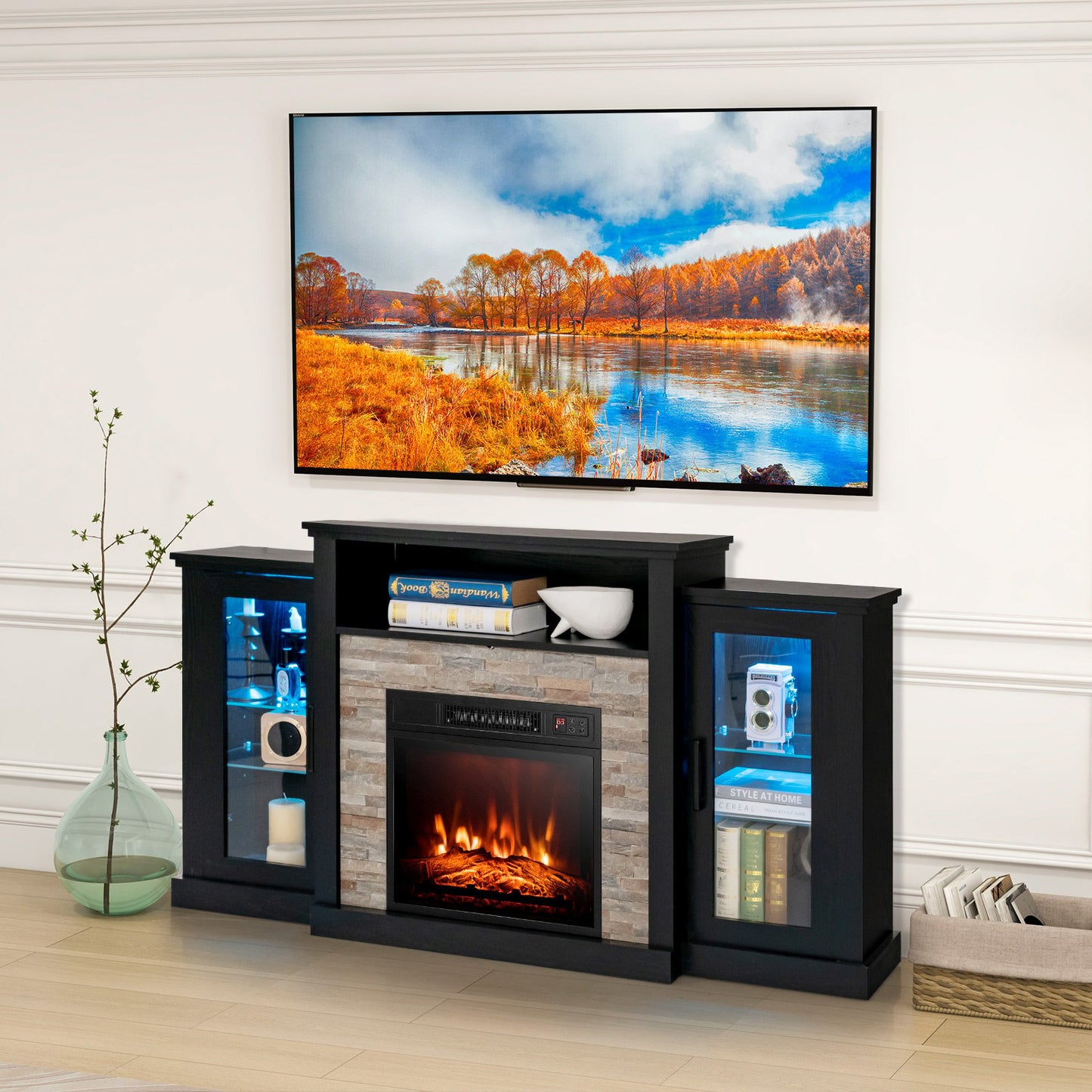 Fireplace TV Stand with 16-Color Led Lights for TVs up to 65 Inch-Black