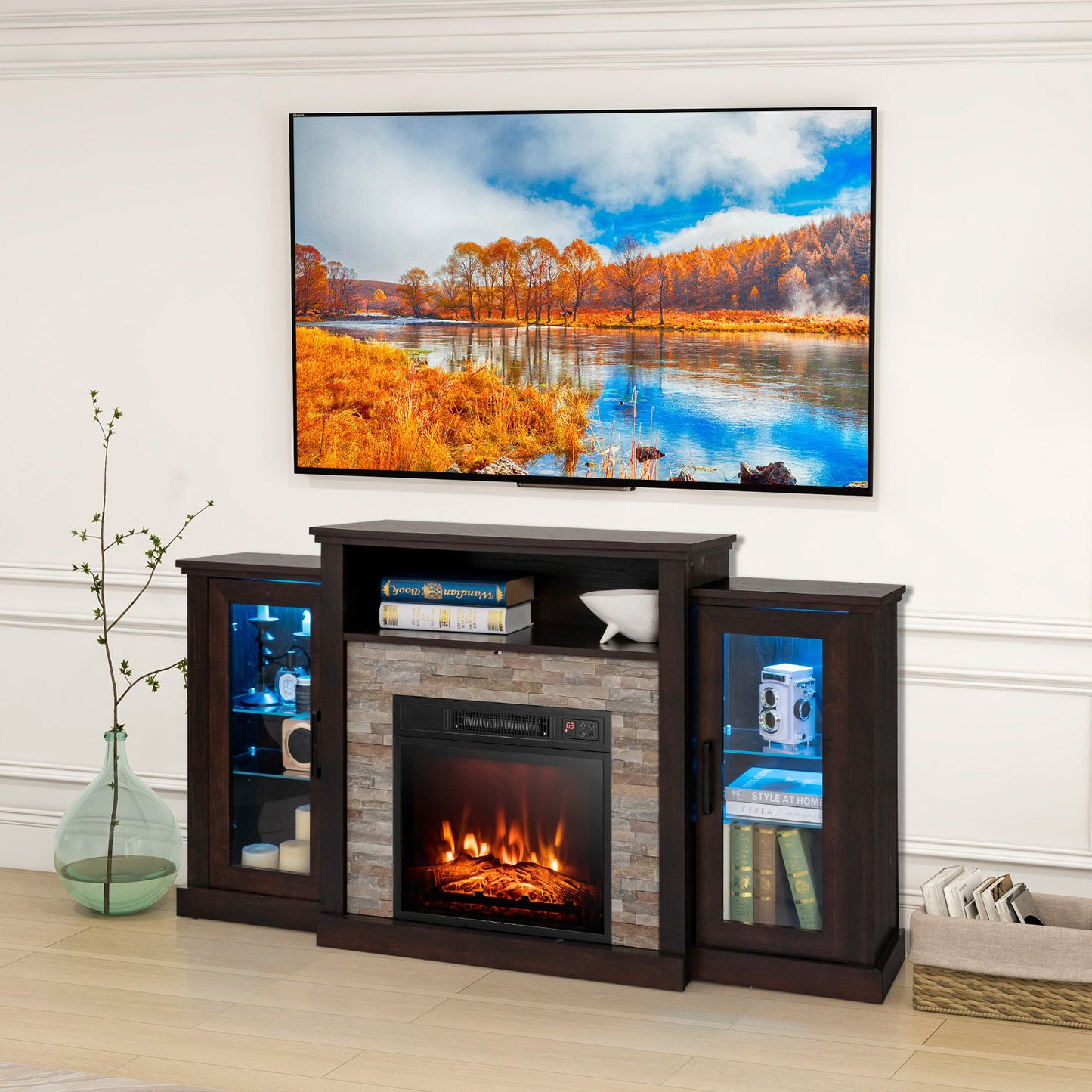 Fireplace TV Stand with 16-Color Led Lights for TVs up to 65 Inch-Black