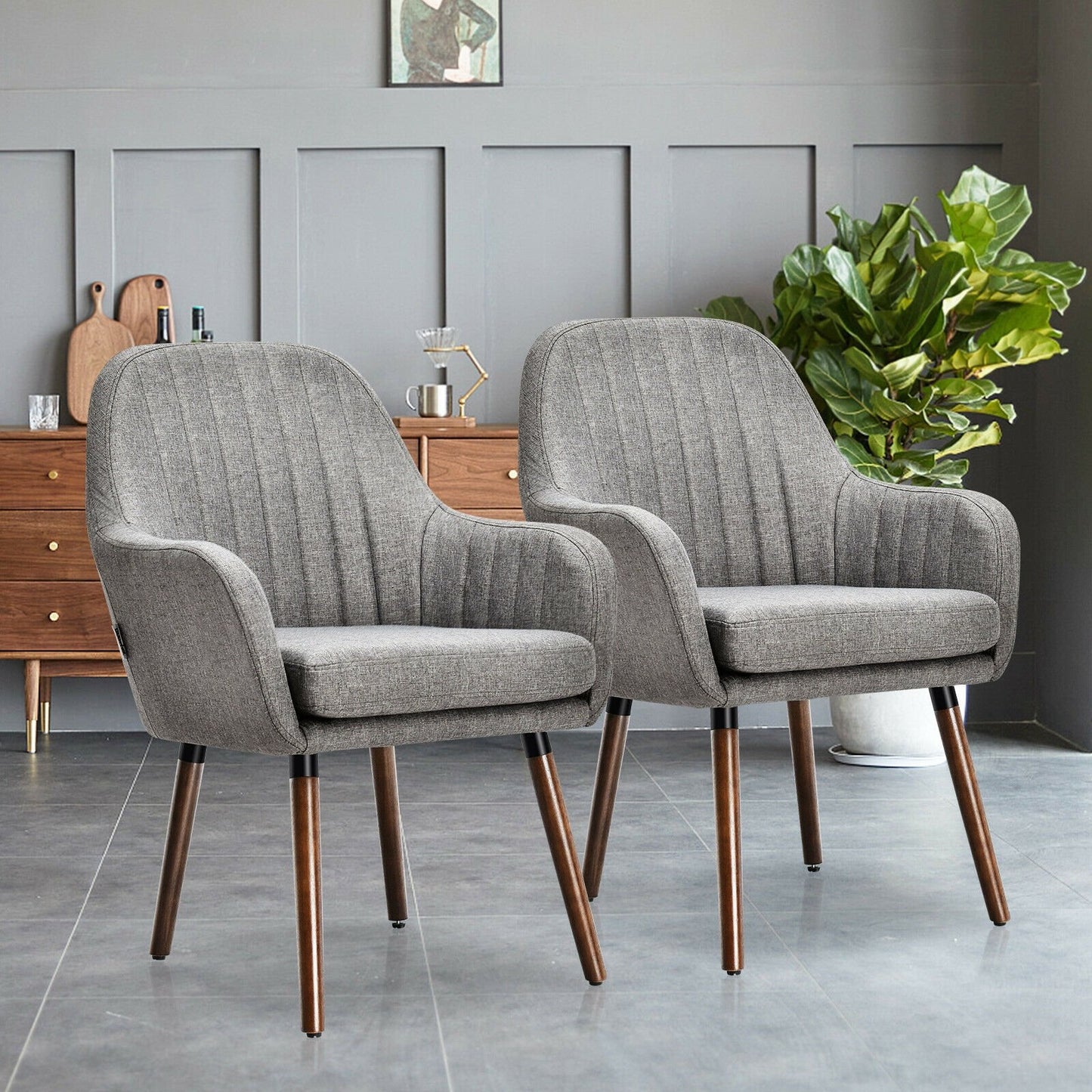 Set of 2 Fabric Upholstered Accent Chairs with Wooden Legs-Beige