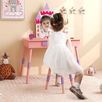 Kids Princess Vanity Table and Stool Set with Drawer and Mirror-Pink