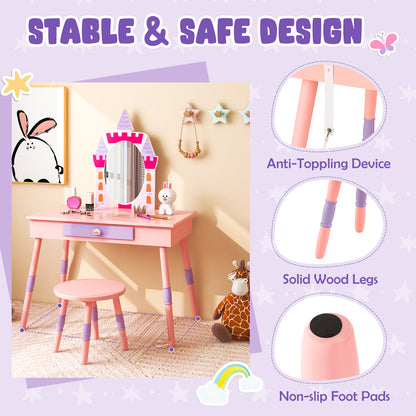 Kids Princess Vanity Table and Stool Set with Drawer and Mirror-Pink