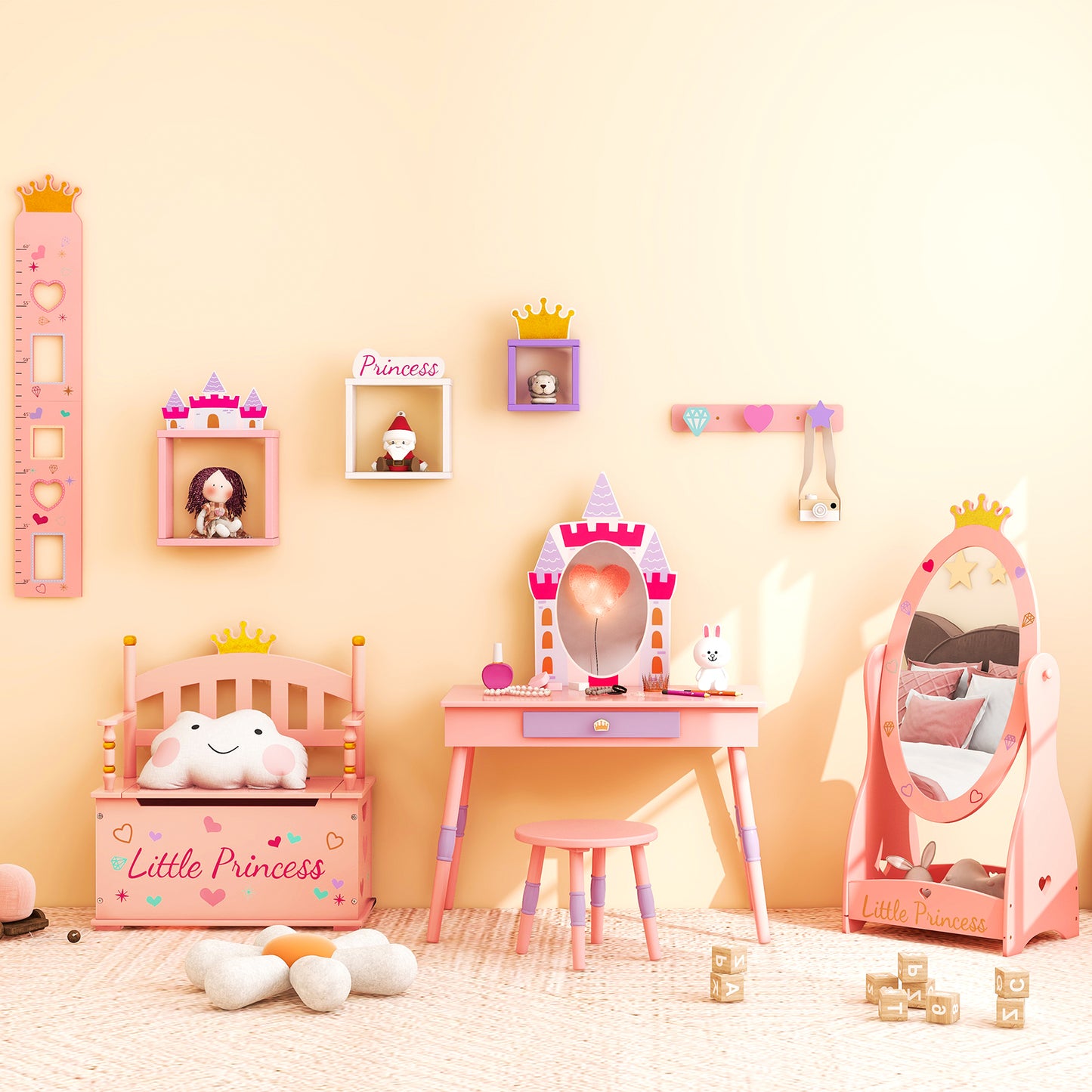 Kids Princess Vanity Table and Stool Set with Drawer and Mirror-Pink