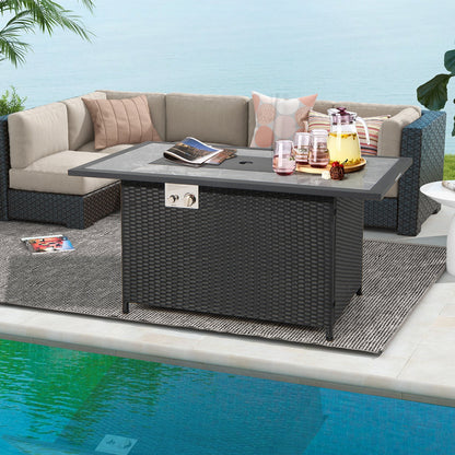 52 Inch Rattan Wicker Propane Fire Pit Table with Rain Cover and Lava Rock-Black