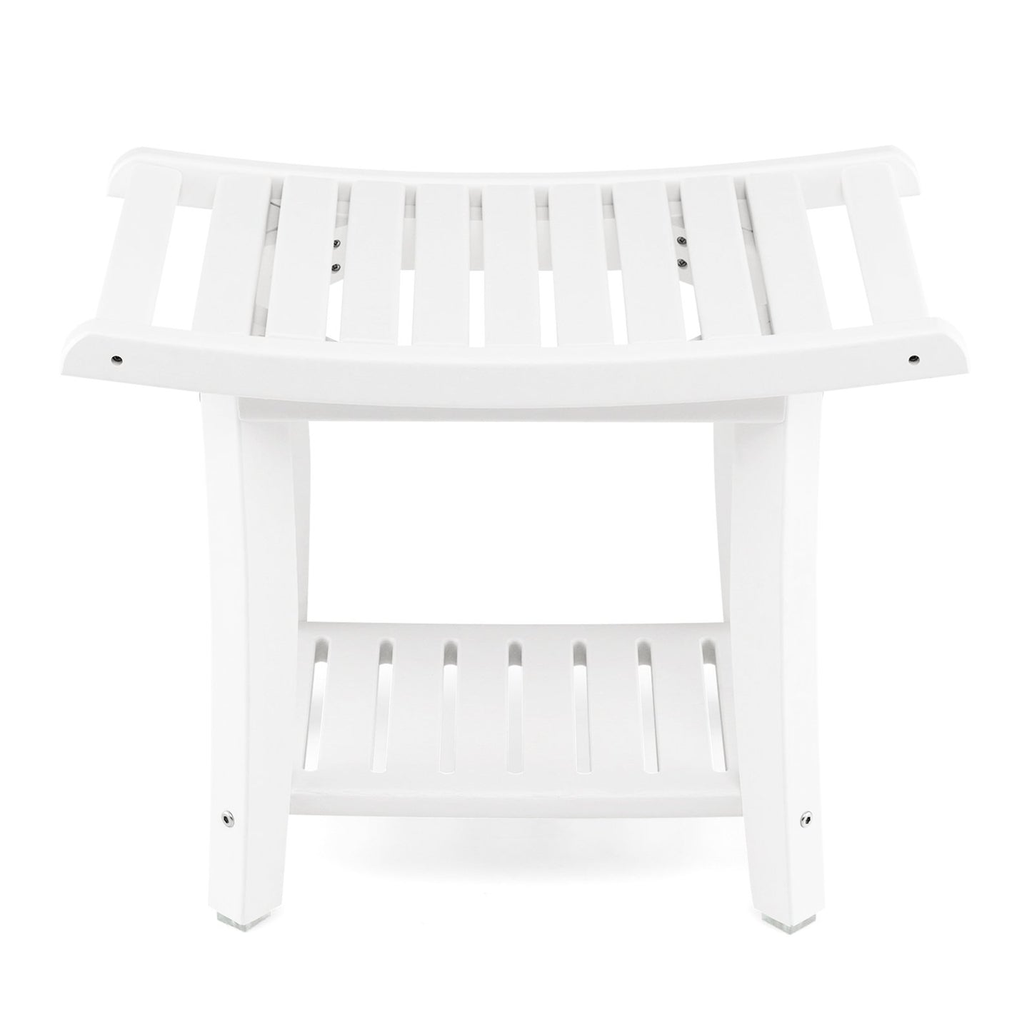 Heavy Duty Waterproof Bath Stool with Curved Seat and Storage Shelf-White
