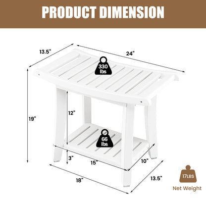 Heavy Duty Waterproof Bath Stool with Curved Seat and Storage Shelf-White