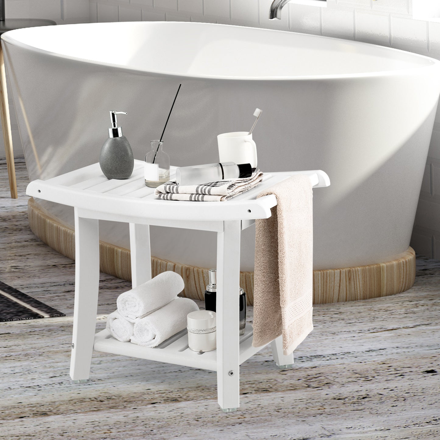 Heavy Duty Waterproof Bath Stool with Curved Seat and Storage Shelf-White