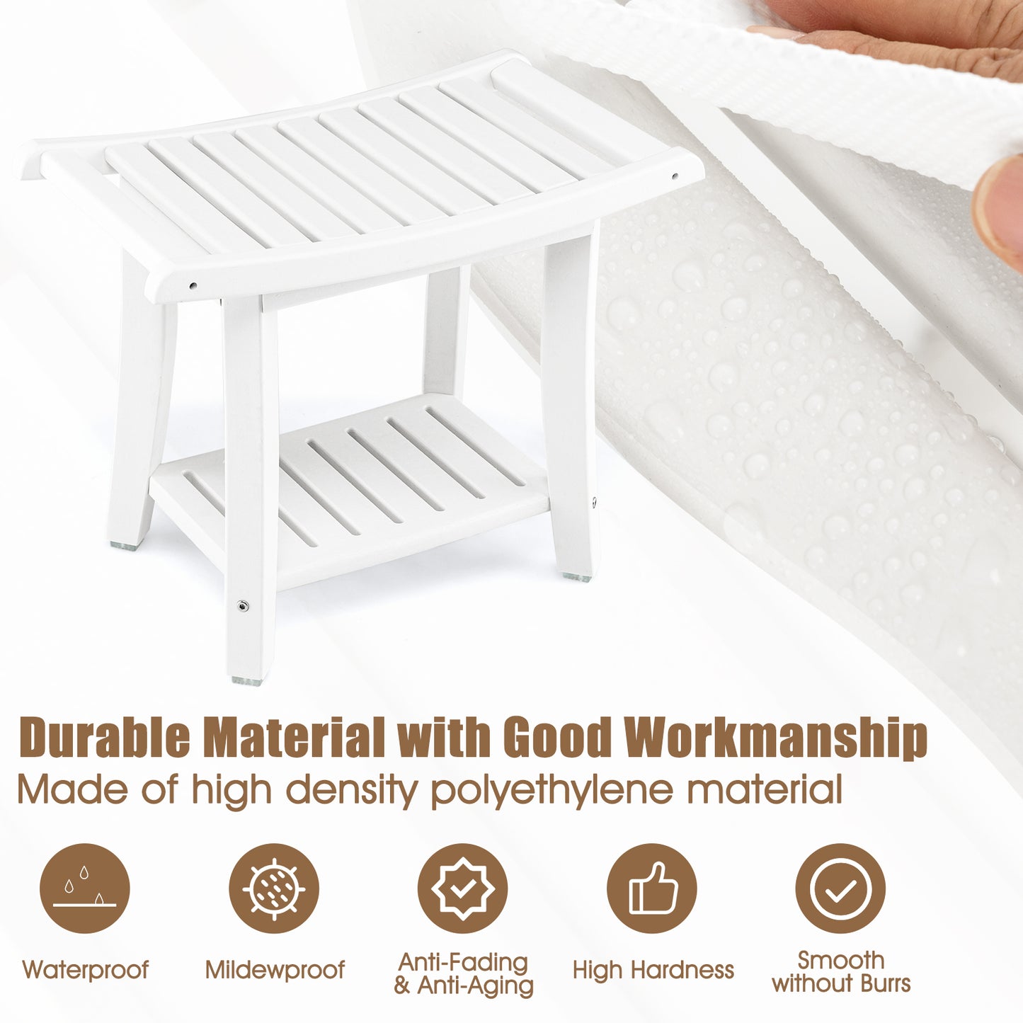 Heavy Duty Waterproof Bath Stool with Curved Seat and Storage Shelf-White