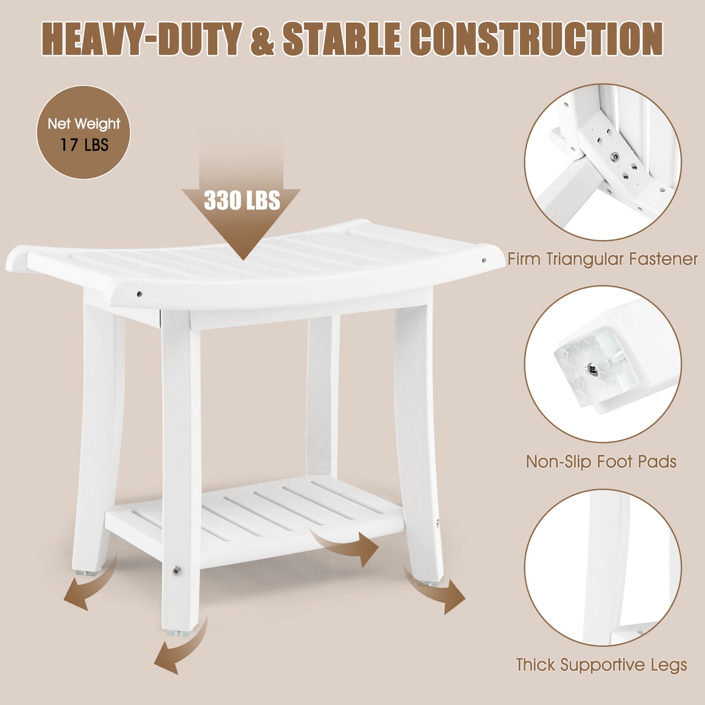 Heavy Duty Waterproof Bath Stool with Curved Seat and Storage Shelf-White