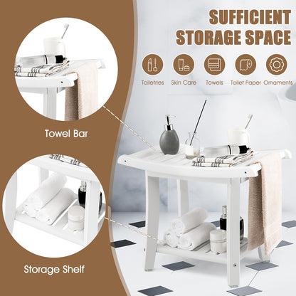 Heavy Duty Waterproof Bath Stool with Curved Seat and Storage Shelf-White