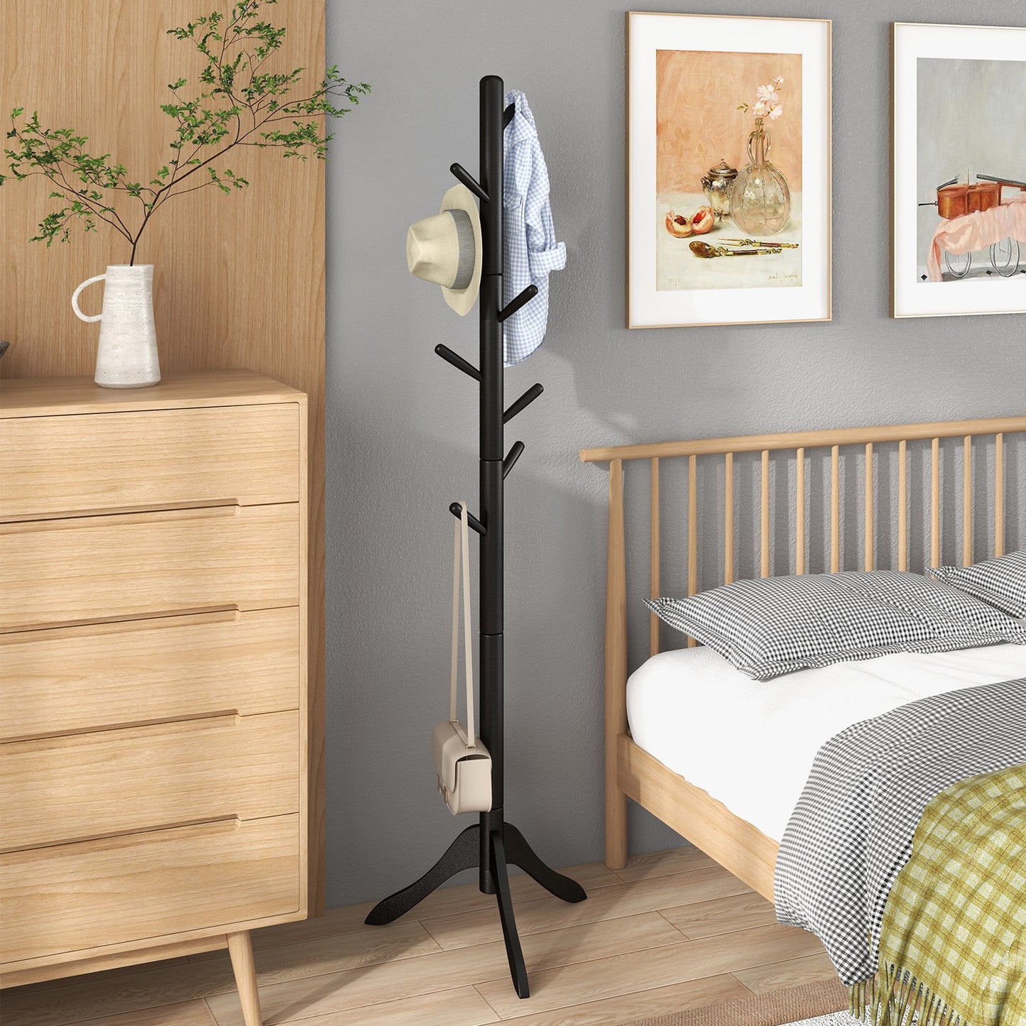 Adjustable Wooden Tree Coat Rack with 8 Hooks-Black