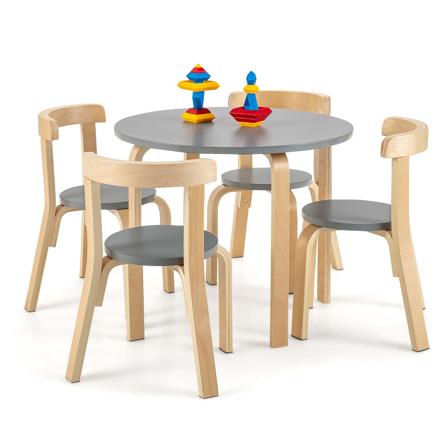 5-Piece Kids Wooden Curved Back Activity Table and Chair Set with Toy Bricks-Gray