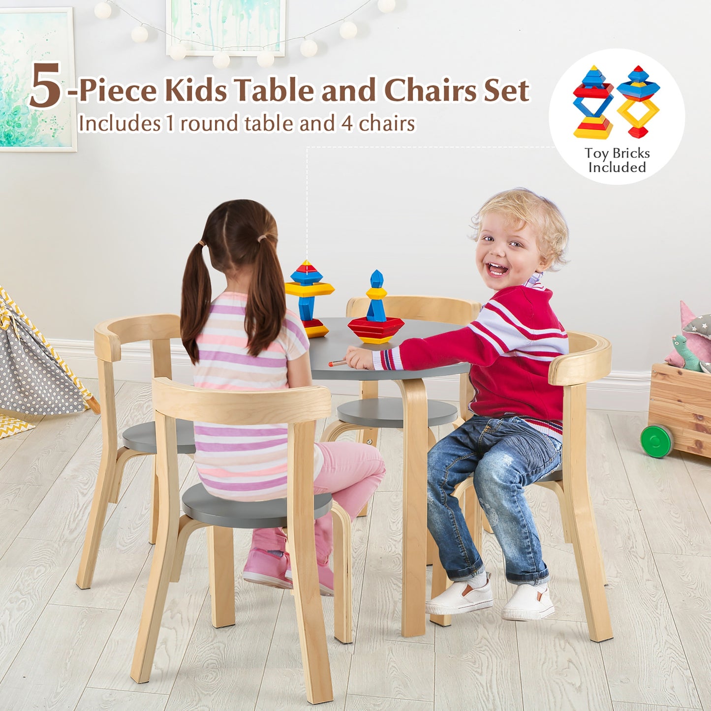 5-Piece Kids Wooden Curved Back Activity Table and Chair Set with Toy Bricks-Gray