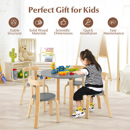 5-Piece Kids Wooden Curved Back Activity Table and Chair Set with Toy Bricks-Gray
