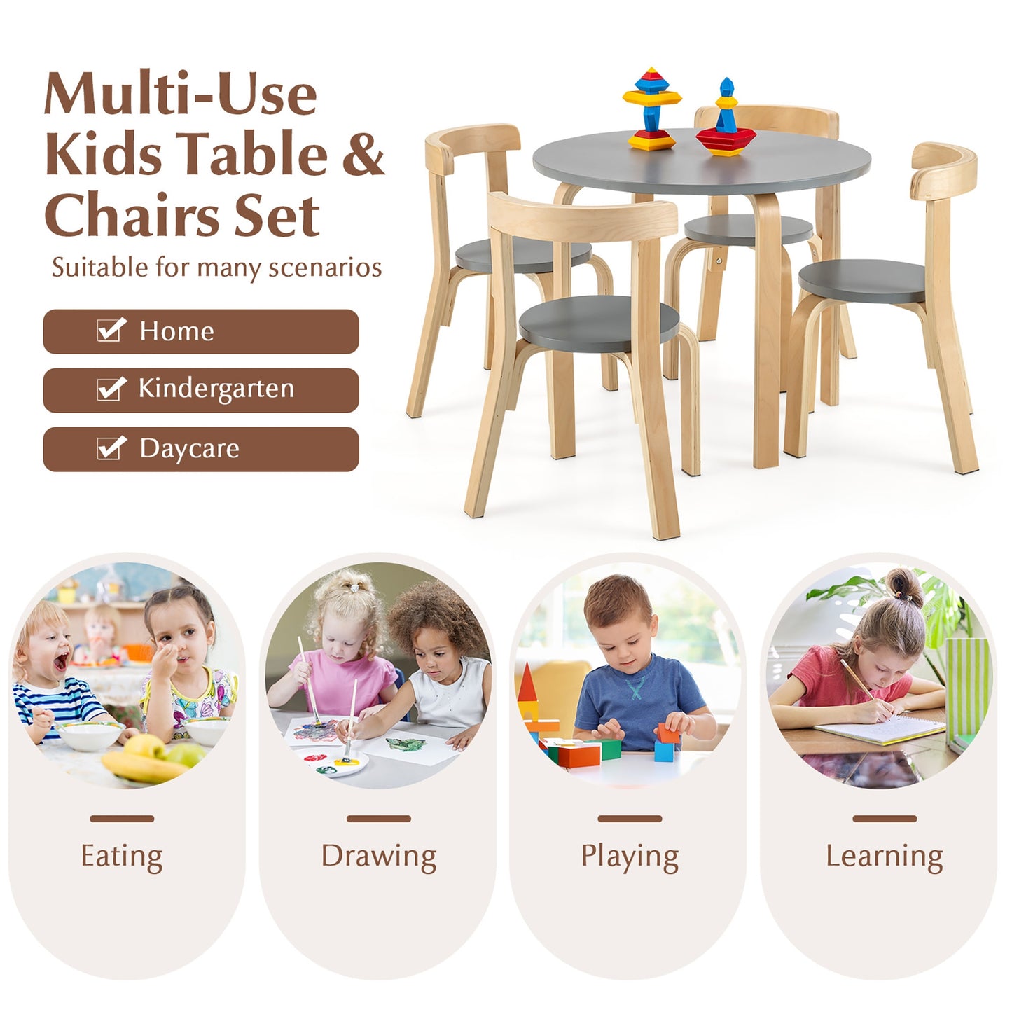 5-Piece Kids Wooden Curved Back Activity Table and Chair Set with Toy Bricks-Gray