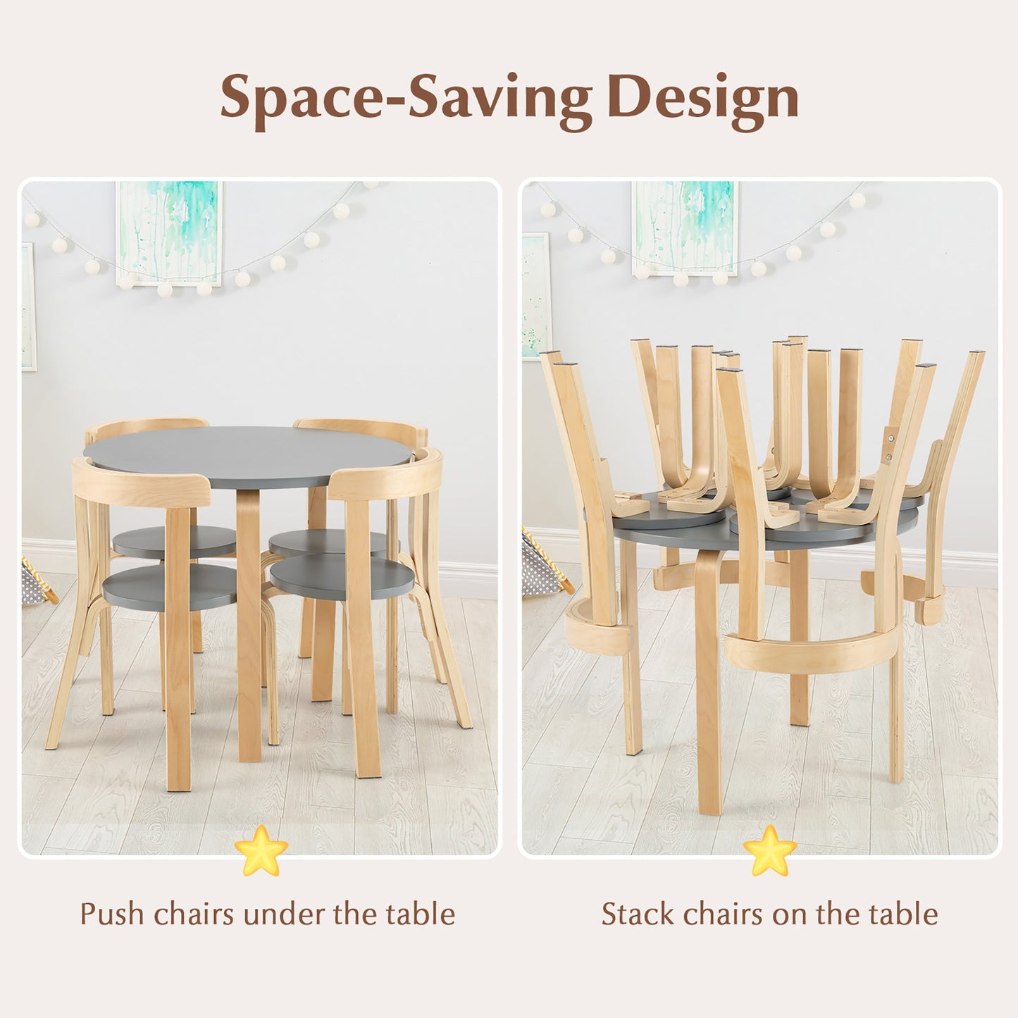 5-Piece Kids Wooden Curved Back Activity Table and Chair Set with Toy Bricks-Gray