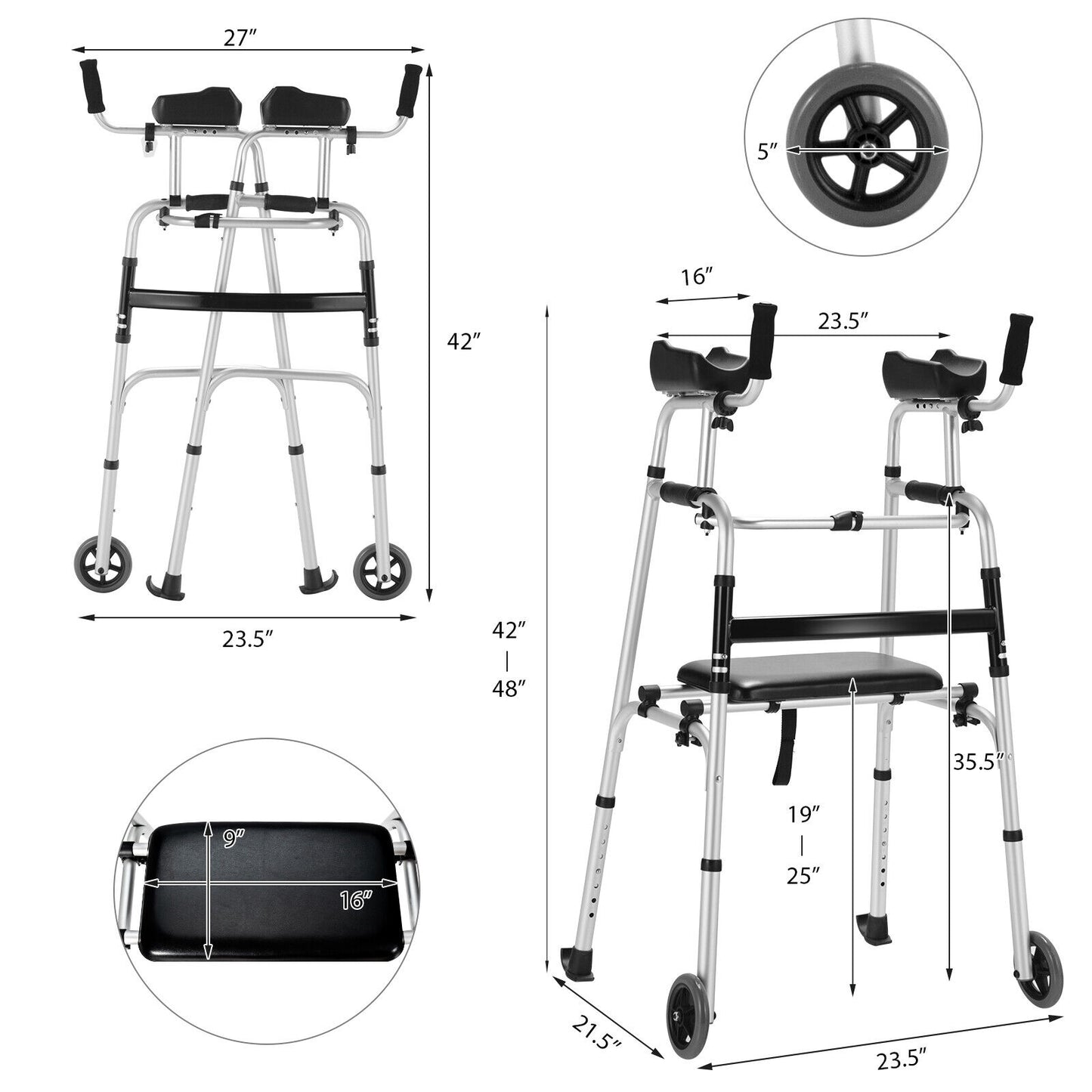 Height Adjustable Rolling Walker With Seat and Armrest Pad