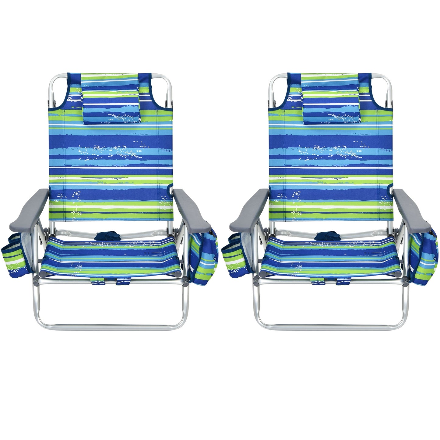 2-Pack Folding Backpack Beach Chair 5-Position Outdoor Reclining Chairs with Pillow-Blue