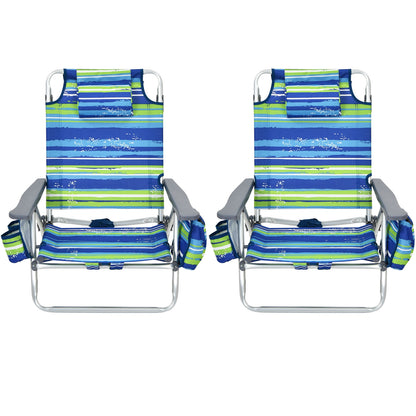 2-Pack Folding Backpack Beach Chair 5-Position Outdoor Reclining Chairs with Pillow-Blue