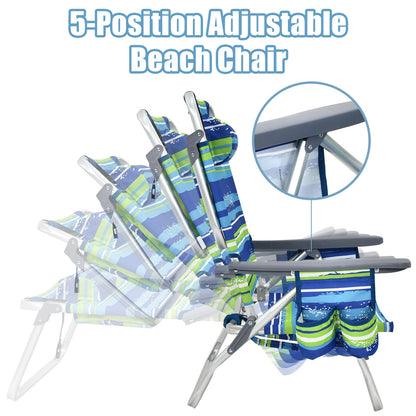 2-Pack Folding Backpack Beach Chair 5-Position Outdoor Reclining Chairs with Pillow-Blue