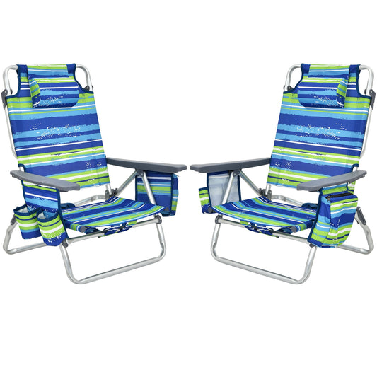 2-Pack Folding Backpack Beach Chair 5-Position Outdoor Reclining Chairs with Pillow-Blue