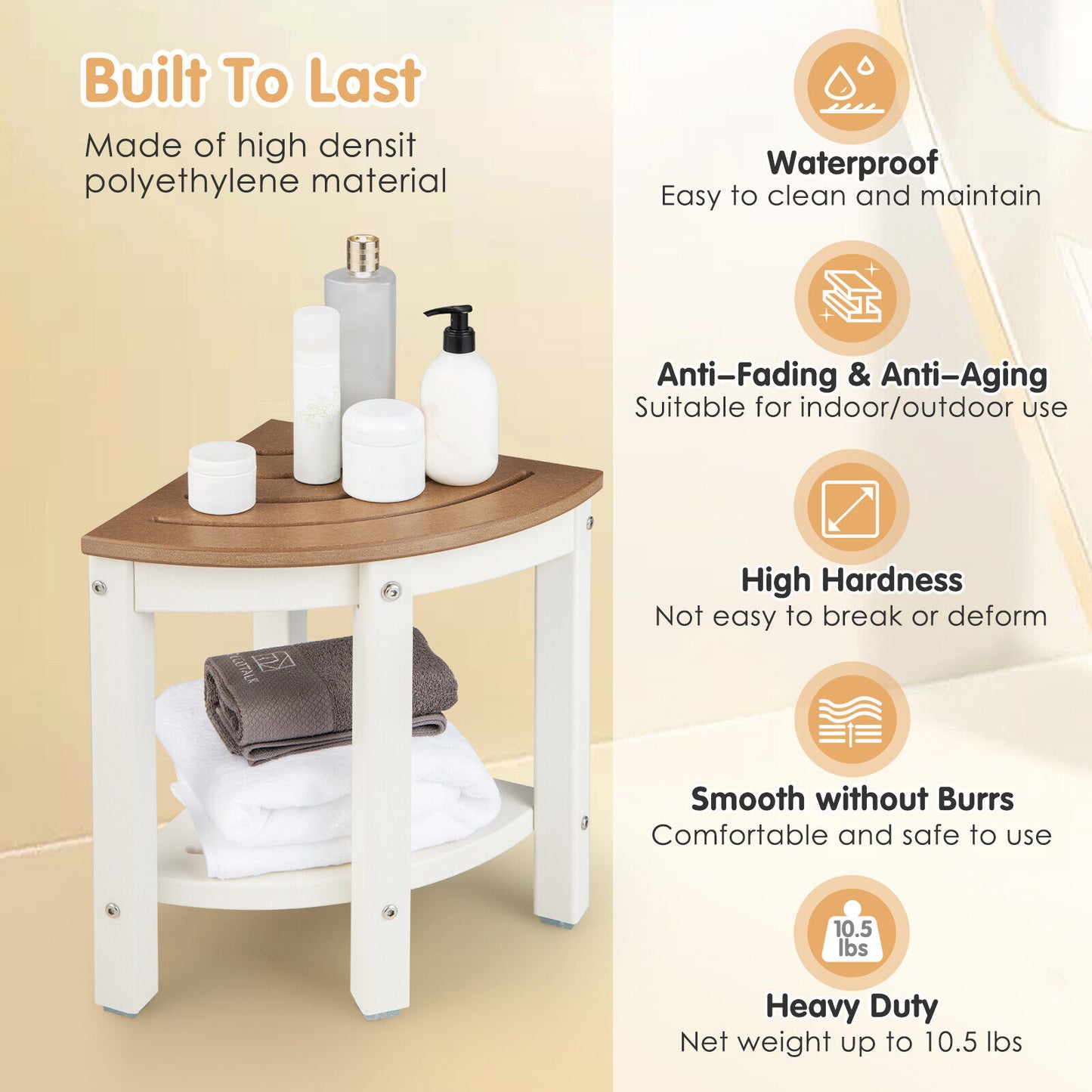 Heavy Duty Corner Shower Bench Stool with Storage Shelf for Shaving Legs-Brown