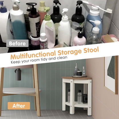 Heavy Duty Corner Shower Bench Stool with Storage Shelf-Brown