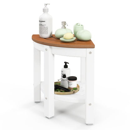 Heavy Duty Corner Shower Bench Stool with Storage Shelf-Brown