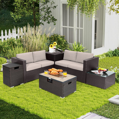 6 Pieces Outdoor Wicker Furniture Set with 32 Inch Propane Fire Pit Table-Beige