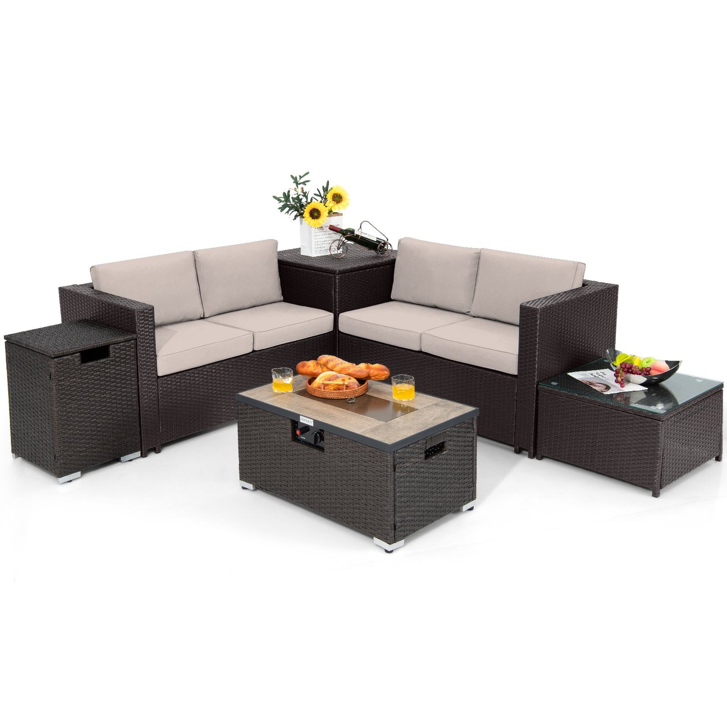 6 Pieces Outdoor Wicker Furniture Set with 32 Inch Propane Fire Pit Table-Beige