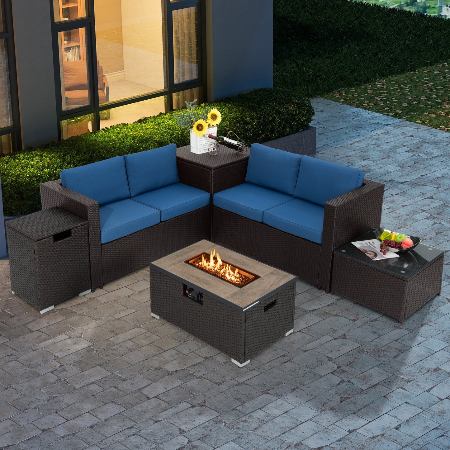 6 Pieces Outdoor Wicker Furniture Set with 32 Inch Propane Fire Pit Table-Beige