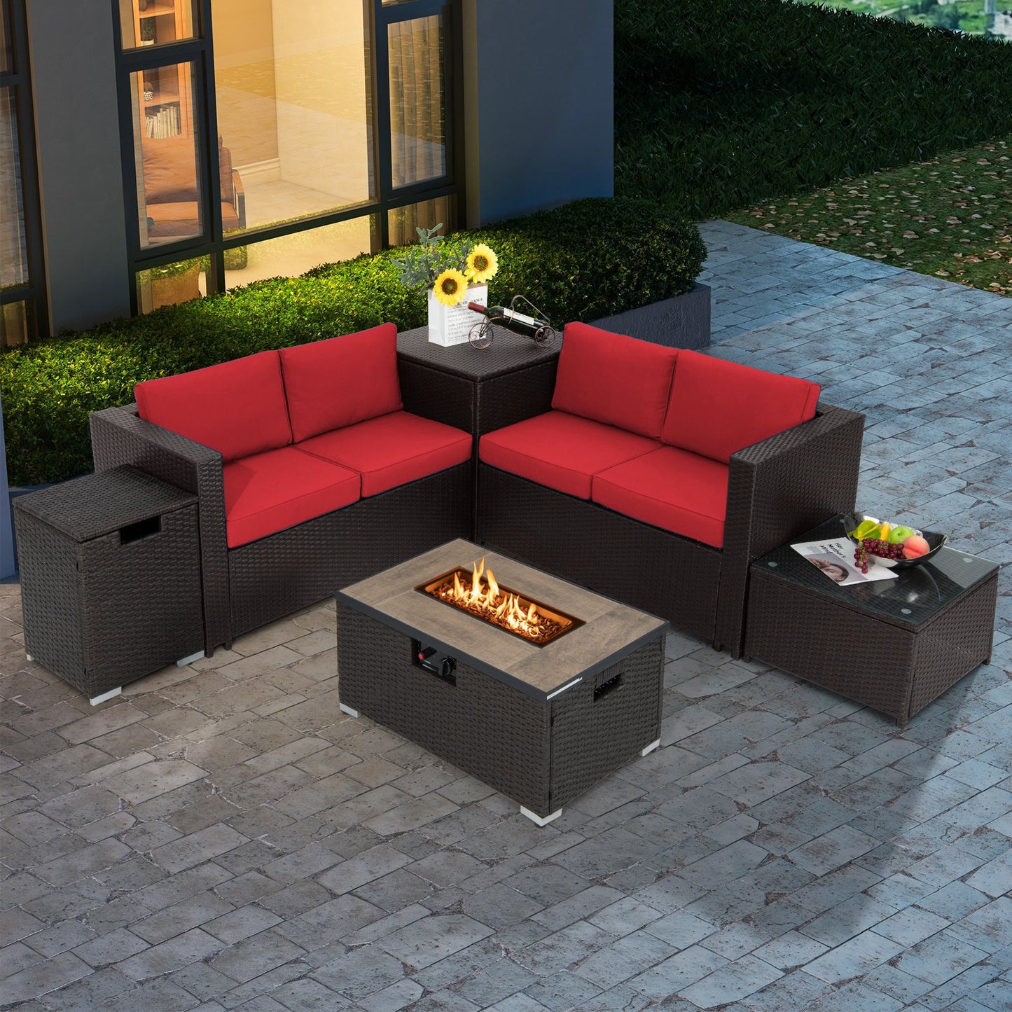 6 Pieces Outdoor Wicker Furniture Set with 32 Inch Propane Fire Pit Table-Beige