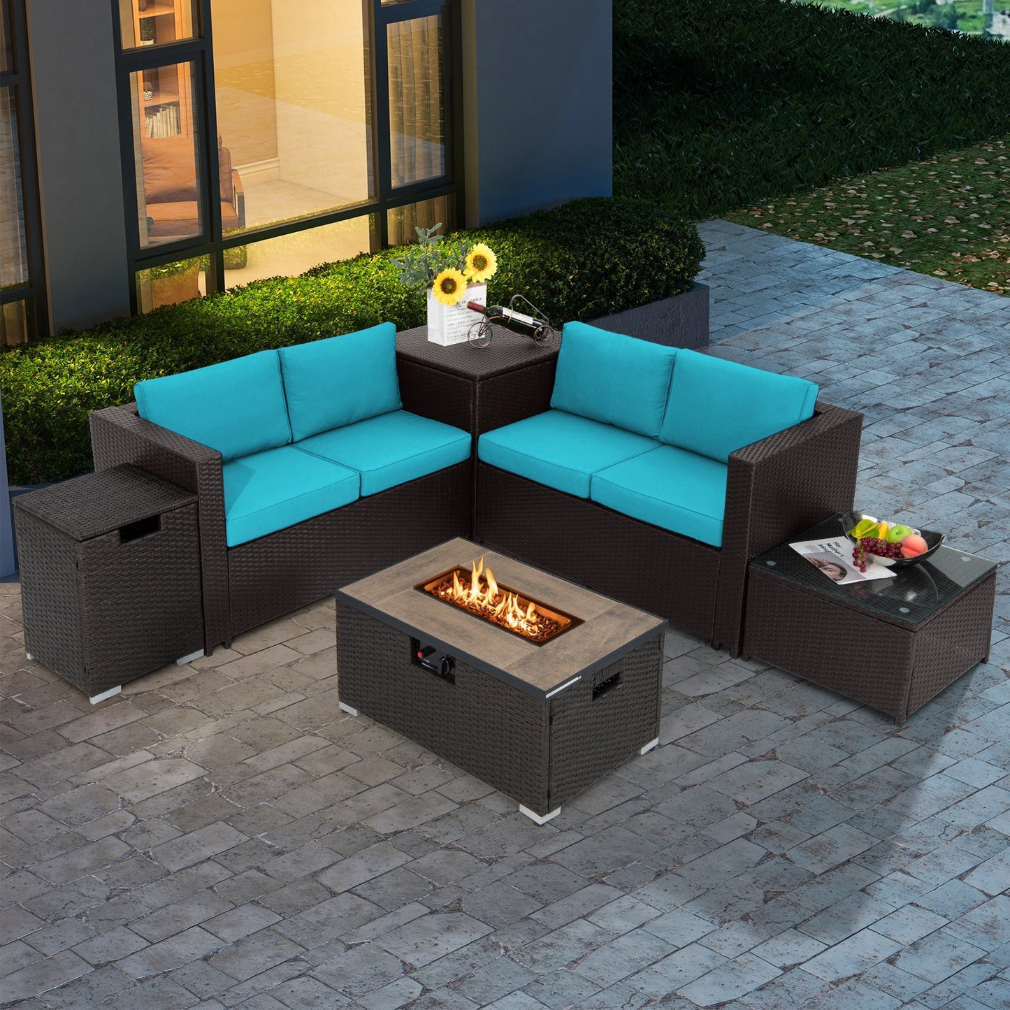6 Pieces Outdoor Wicker Furniture Set with 32 Inch Propane Fire Pit Table-Beige